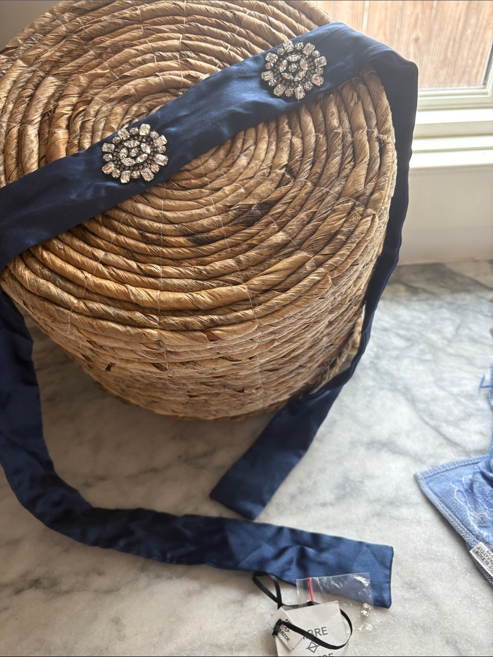 Navy Satin Belt with Rhinestone Medallions or Headband